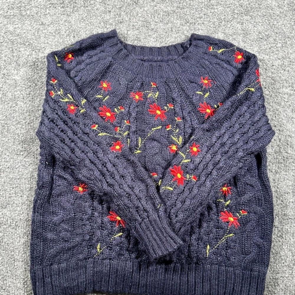 Unbranded Sweater Womens Size M Navy Blue Floral Embroidered Cable Knit Pullover